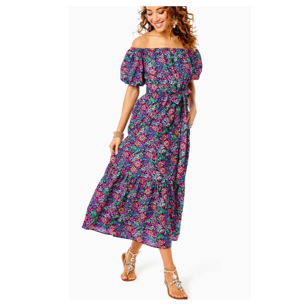 Lilly Pulitzer Tamie Off Shoulder Midi Floral Cotton Relaxed Dress Sz L